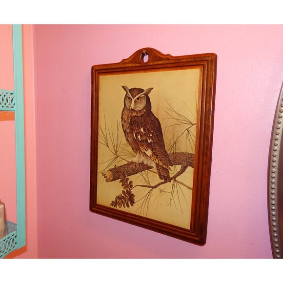 Vintage E Rambow Great Horned Owl Art on Wood Wall Hanging bird of prey plaque - Picture 9 of 10